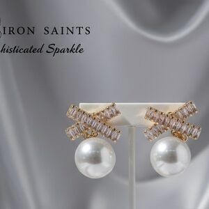 ​Iron Saints CZ Crystal Pearl Bow Earrings - Gold Tone Baguette Rhinestones  New